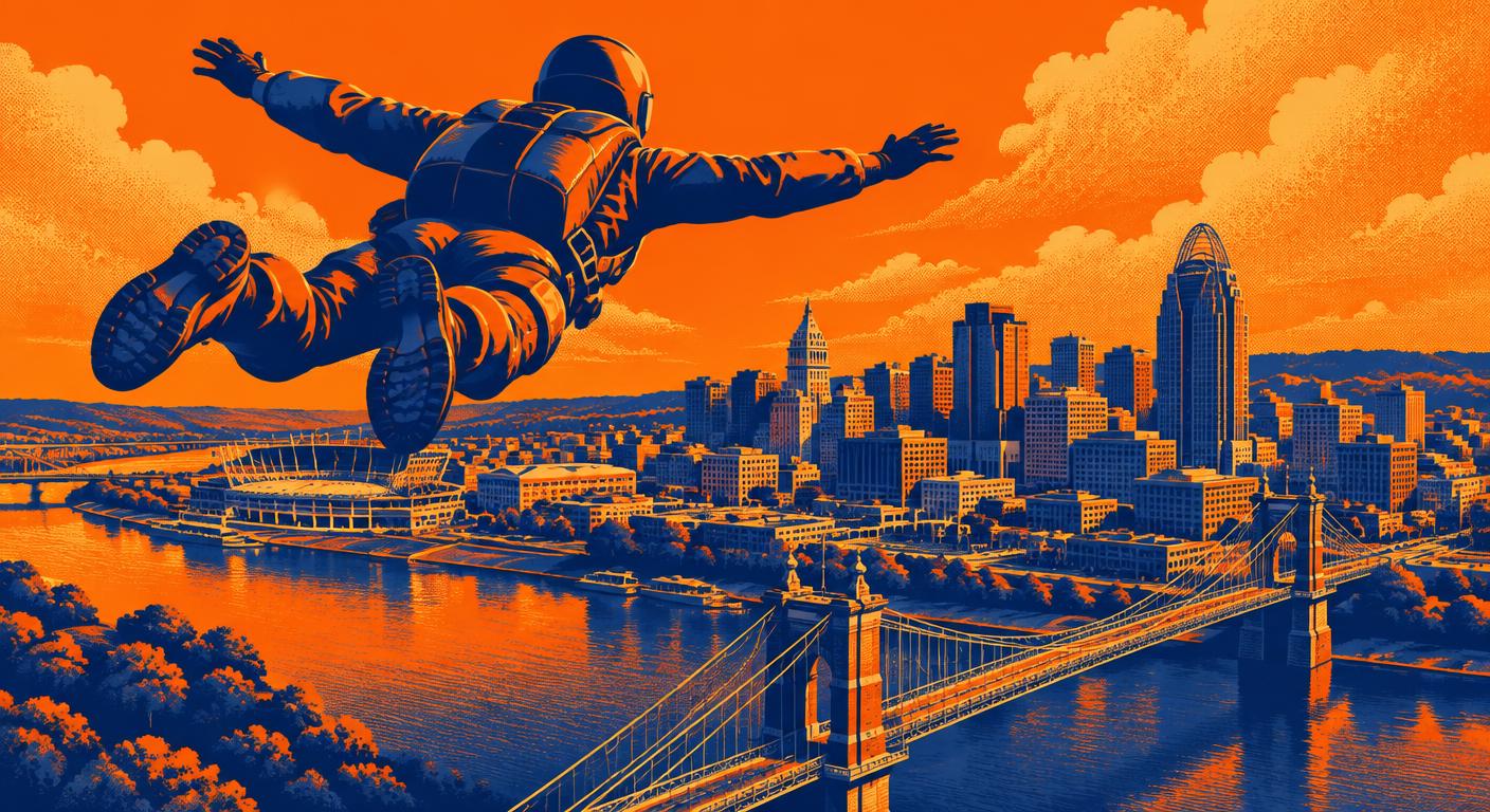 A skydiver in freefall over the Cincinnati skyline, in bold orange and blue